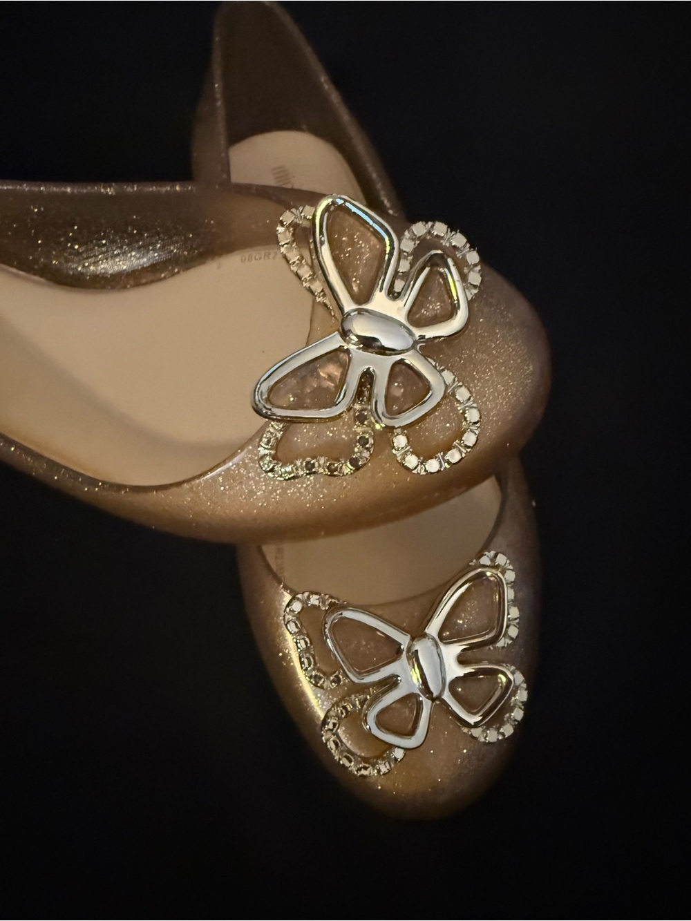 Mini melissa girls size 4Glitter Ballet Flats with Butterfly Accent - Rose Gold